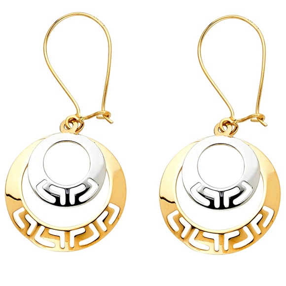 14K Two Tone Gold Greek Cut Out RD Drop Earrings